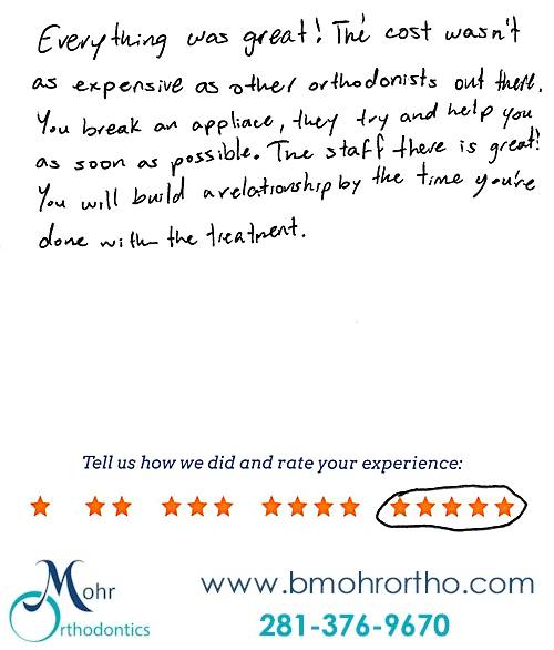 Mohr Orthodontics review by Pablo P. in Spring, TX on November 04, 2016